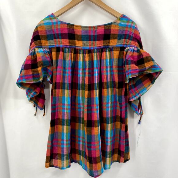 Anthropologie M colorful plaid ruched sleeve top - Picture 5 of 7